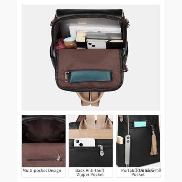 Faux Leather Backpack Purse with 12 Pockets, Convertible Shoulder Bag for Travel